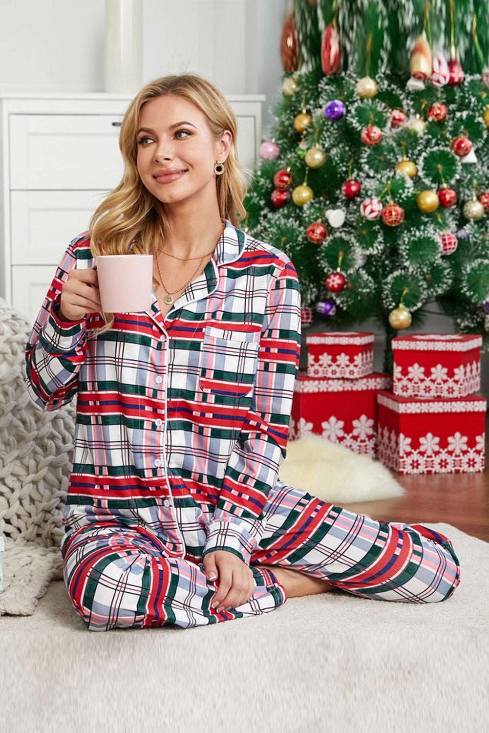 Red Shirt Collar Plaid Button Down Christmas Pajama Set