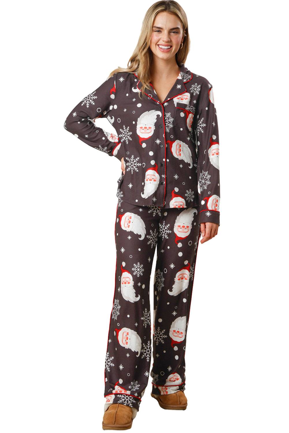 White Printed Christmas Santa Claus Print Shirt and Pants Pajama Set