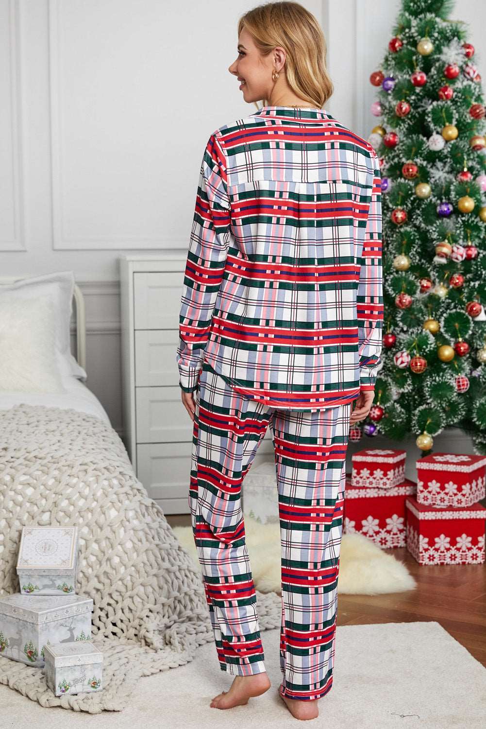 Red Shirt Collar Plaid Button Down Christmas Pajama Set