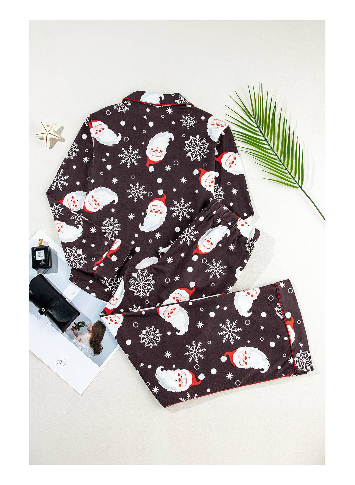 White Printed Christmas Santa Claus Print Shirt and Pants Pajama Set