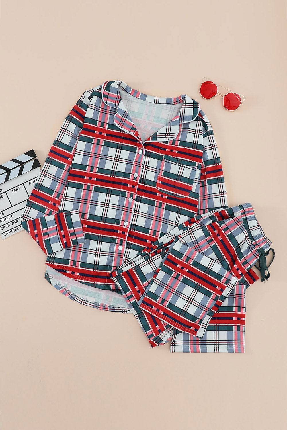 Red Shirt Collar Plaid Button Down Christmas Pajama Set