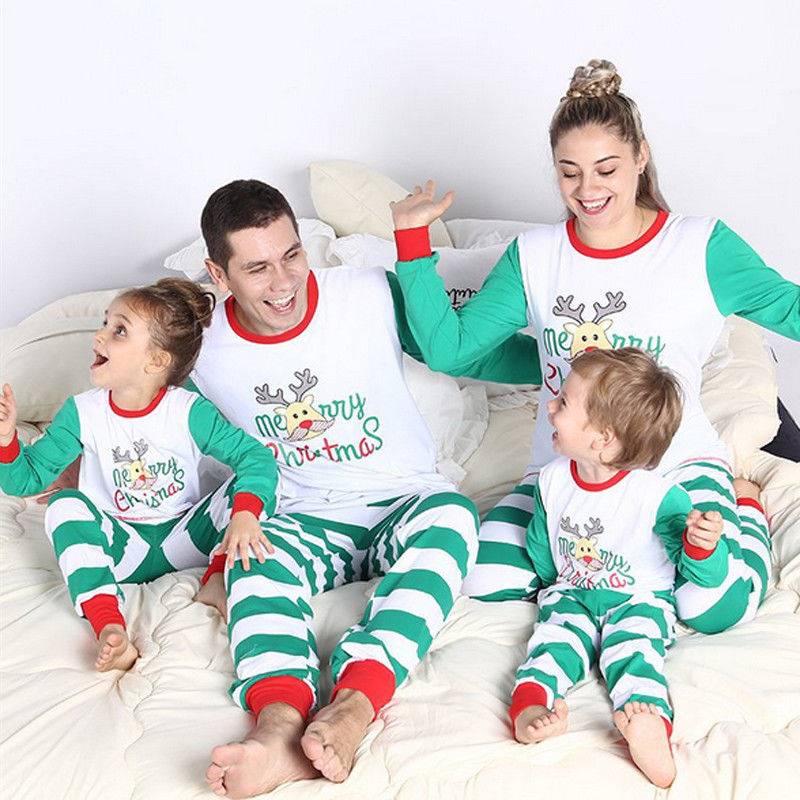 Family Christmas Pajamas Set Striped Pants Cartoon