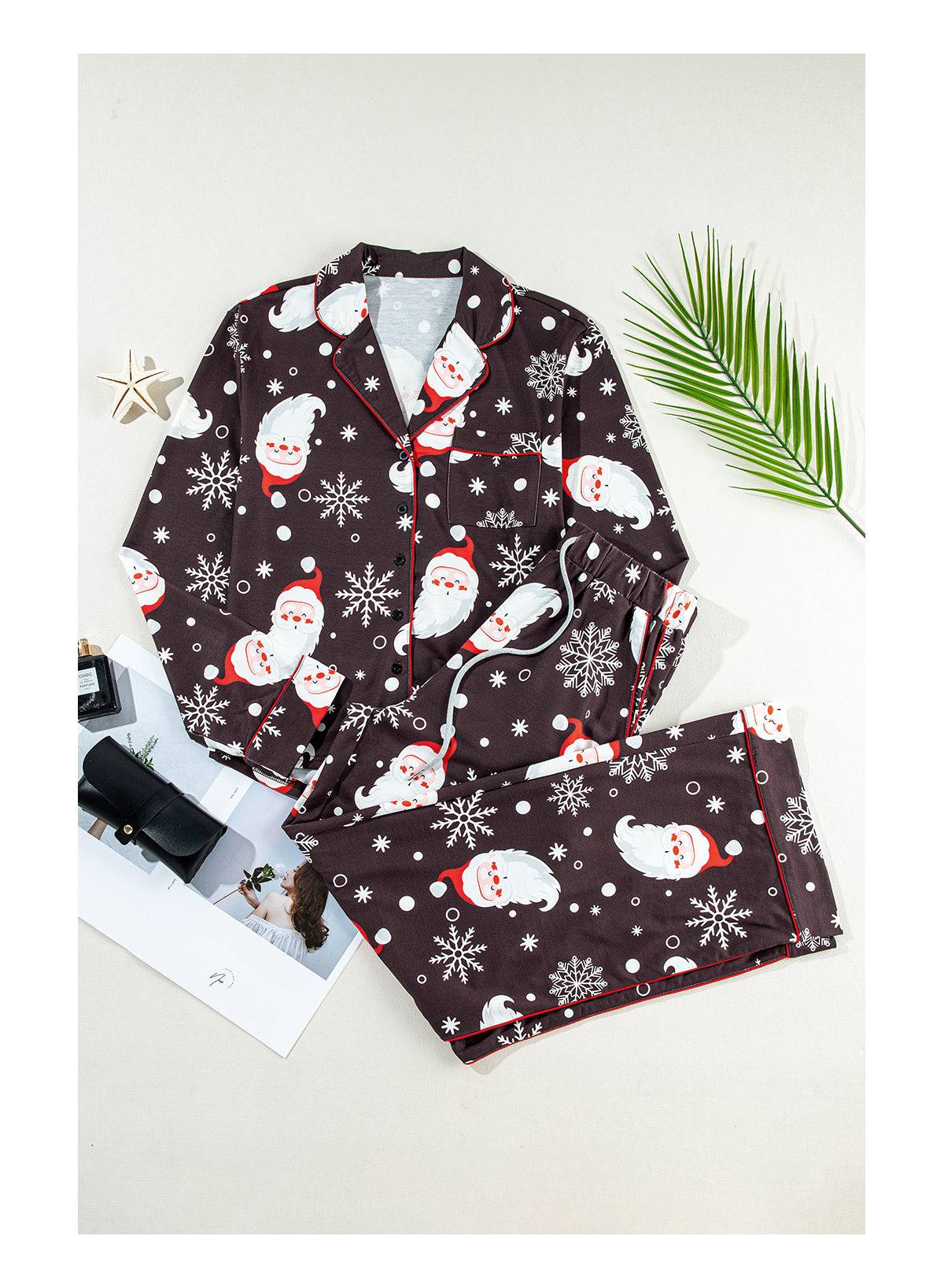 White Printed Christmas Santa Claus Print Shirt and Pants Pajama Set