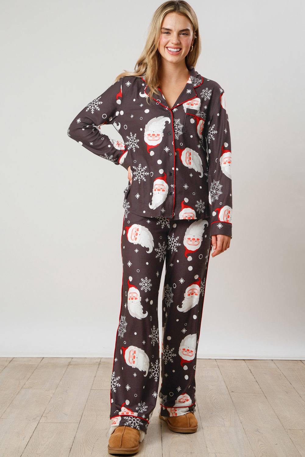 White Printed Christmas Santa Claus Print Shirt and Pants Pajama Set