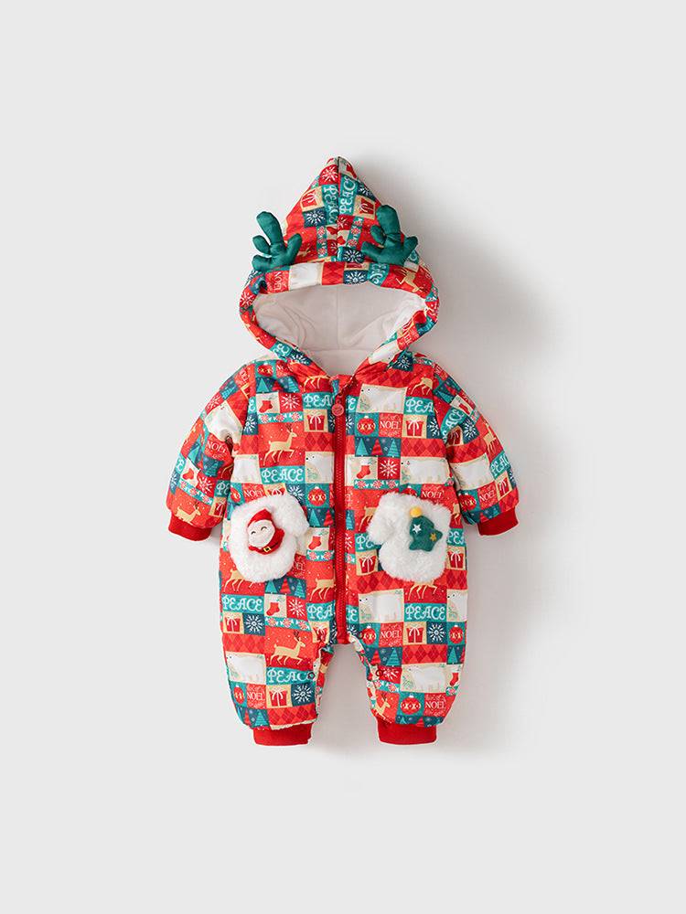 Winter Baby Christmas Red Plaid Patchwork Cartoon Thick Romper With